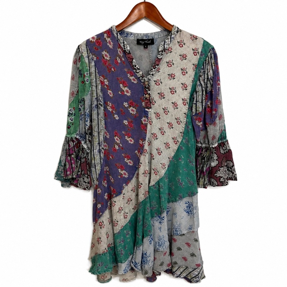 Young Threads Womens Patchwork Floral Tunic Dress Multi Color Boho Ruffle L
